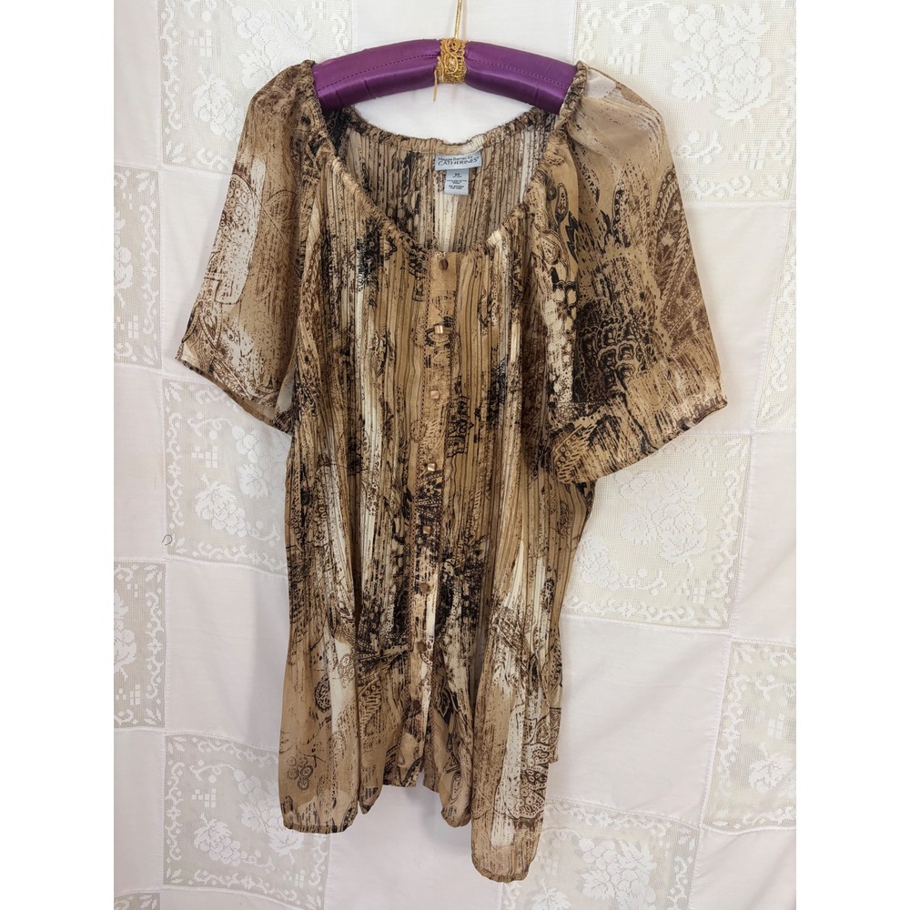 Brown Earth Tone Boho Western Whimsy Button Front Flowy Blouse Size 3X